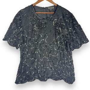 Vintage Royal Feelings 100% Silk Beaded Sequin Top Floral Blouse Black Party‎ XL